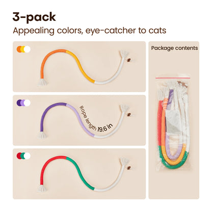 Potaroma 3-Pack Variety Organic Cotton Cat Chew Ropes, Safe and Organic Dental Care Toy for Indoor Kittens, Breath Fresh Calming Interactive Cat Toy